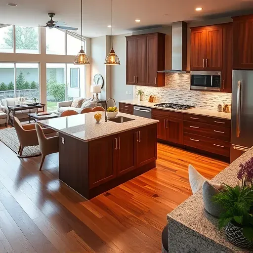 Completed home remodeling in North Salt Lake showcasing a modern kitchen with walnut cabinetry and granite countertops.