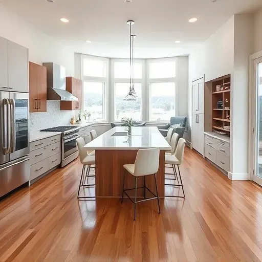 Renovated Canyon Rim, UT kitchen with modern matte cabinets, stainless steel appliances, quartz counters, hardwood flooring, and canyon views.