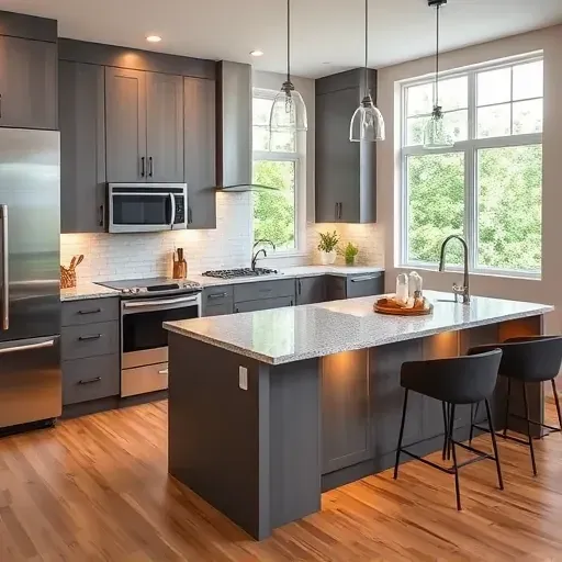 Modern remodeled kitchen in East Millcreek Utah with sleek matte cabinets stainless appliances granite island hardwood floors and natural light
