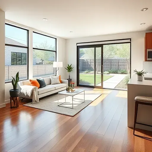 Modern living room in Millcreek UT featuring sleek flooring, elegant lighting, and a stylish kitchen with natural light.