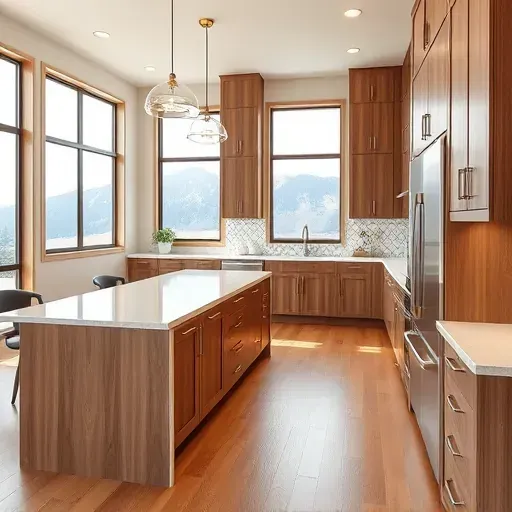 Renovated Alpine kitchen with quartz counters, custom wood cabinetry, stainless appliances, natural light, mountain views.
