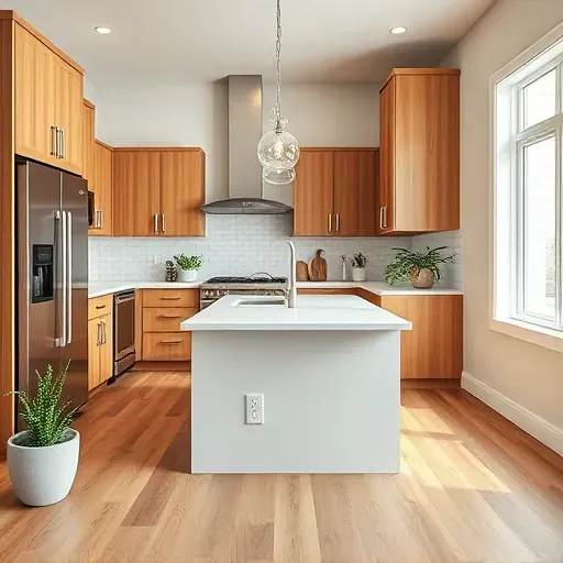 Remodeled Lehi UT kitchen featuring warm wood cabinets stainless steel appliances quartz countertops white subway tile backsplash hardwood floors and natural light