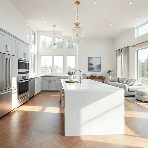 Modern kitchen remodel in Riverton UT showcases a sleek design with marble island and stainless steel appliances.