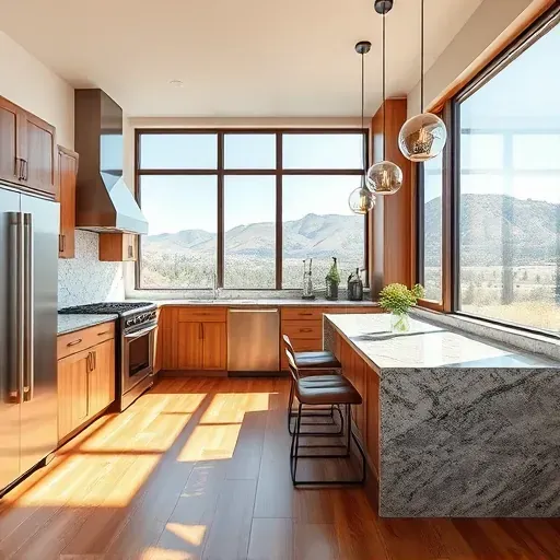 Remodeled Highland UT kitchen with granite countertops stainless steel appliances wooden cabinetry hardwood floors mountain view