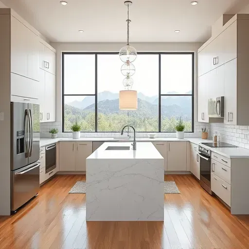 Completed modern South Jordan kitchen with sleek cabinets, stainless steel appliances, quartz countertops, hardwood floors, and scenic mountain views
