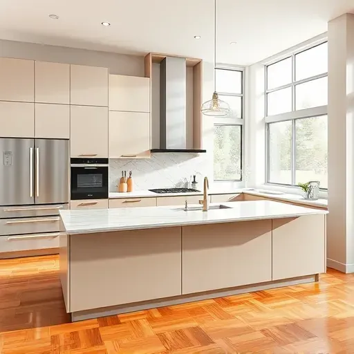 Modern kitchen in Holladay UT with matte cabinets quartz island stainless steel appliances hardwood floors and bright open layout