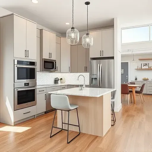 Remodeled Lehi, UT kitchen with modern wood cabinets, stainless appliances, granite island, ample natural light, and stylish decor.