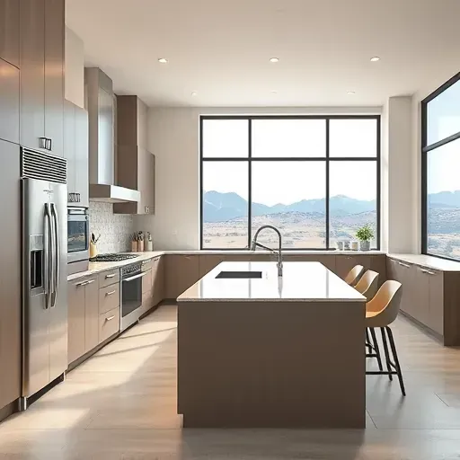 Modern Draper kitchen with sleek cabinetry, stainless steel appliances, quartz island, and large windows overlooking a landscaped garden.