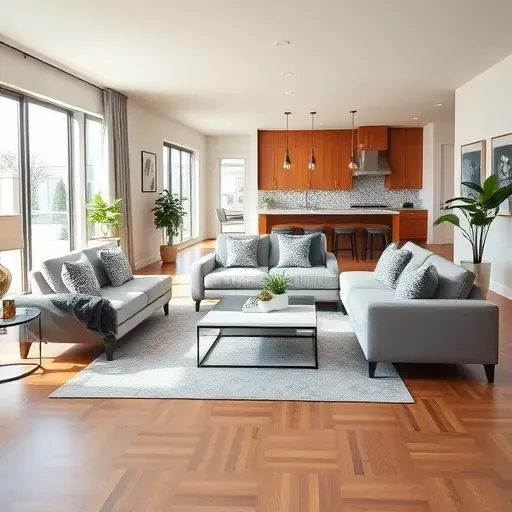 Modern living room in Sandy UT, featuring sleek furniture, natural light, and elegant decor in soft grays and warm wood tones.