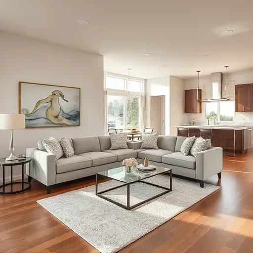 Remodeled living room in Millcreek UT featuring wooden flooring, large windows, and contemporary art accents.