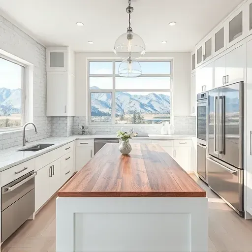 Remodeled Salt Lake City kitchen with quartz countertops stainless appliances gray backsplash large island wooden surface and mountain view