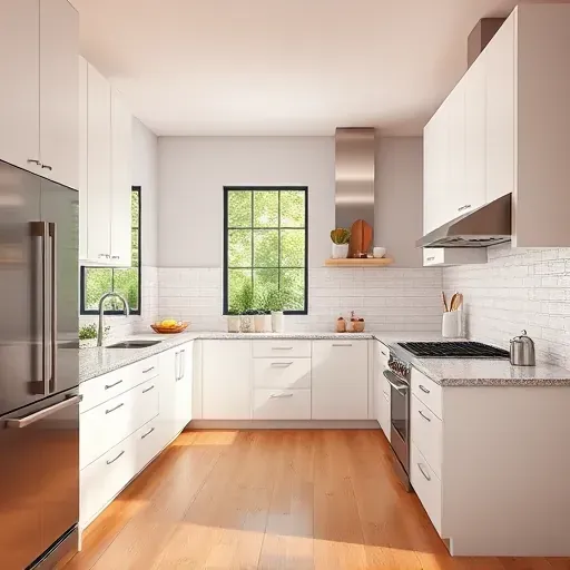 Modern Taylorsville kitchen with sleek cabinetry, granite island, stainless appliances, hardwood floors, and natural light