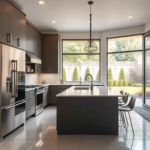 Modern West Jordan kitchen with matte cabinets, quartz island, stainless appliances, hardwood floors, and natural light.