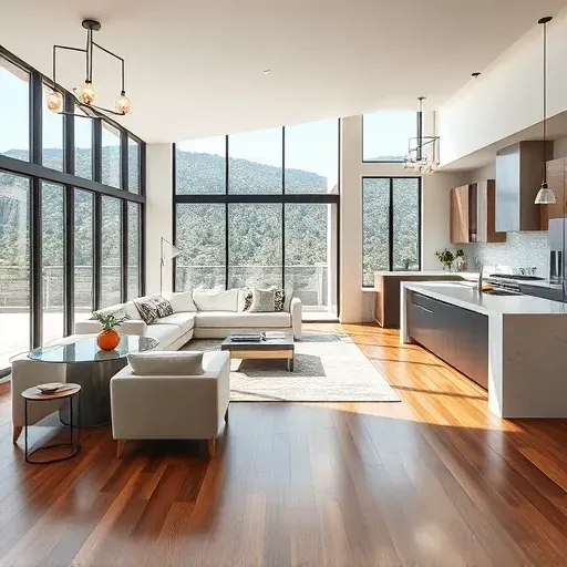 Pristine, renovated Emigration Canyon home interior featuring spacious living room, modern kitchen, large windows, canyon views.
