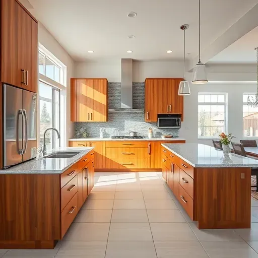 Renovated East Millcreek kitchen with warm wood cabinetry stainless steel appliances granite island modern lighting and open layout