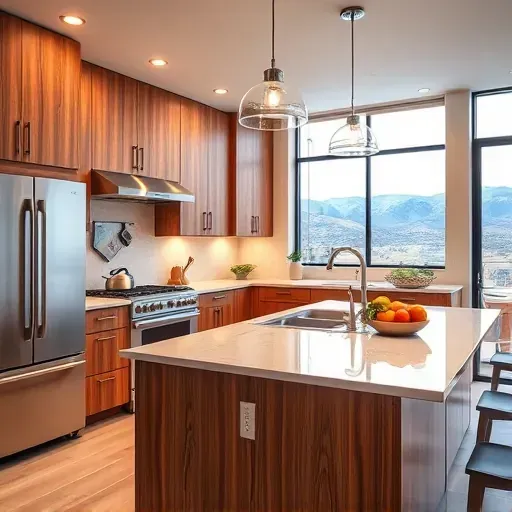 Modern Draper kitchen with warm wood cabinets stainless steel appliances quartz island natural light Utah mountain view