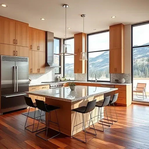 Modern Park City kitchen remodel features custom cabinetry, granite island, and mountain views with natural light.