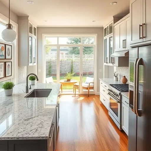 Modern Sugarhouse kitchen remodel with elegant cabinetry, granite counters, and large windows overlooking a lovely garden.