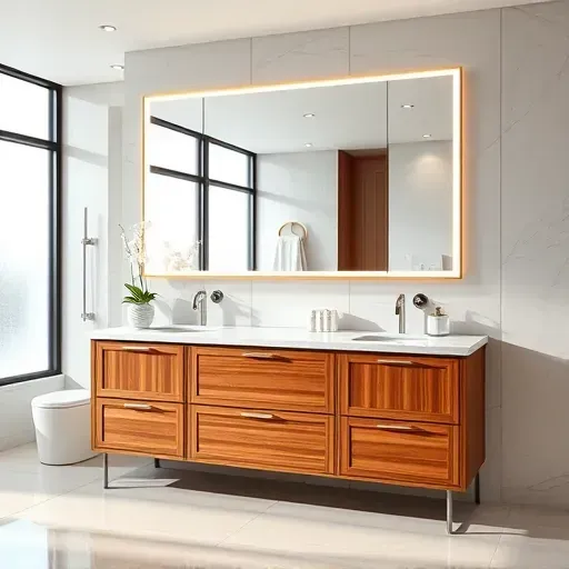 Custom modern bathroom vanity with marble countertops, elegant wood cabinetry, LED mirror, neutral tiles in Herriman UT