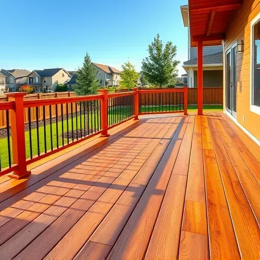 Wooden deck in Herriman Utah with cedar planks, polished railings, lush backyard, landscaped gardens, and bright late afternoon sunlight