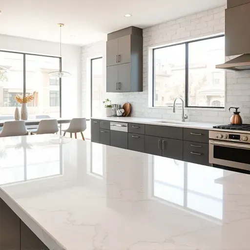 Modern kitchen with polished marble backsplash, sleek countertops, natural light, and contemporary appliances in Herriman UT
