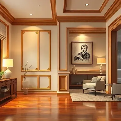 Finished custom wood trim and molding in a modern home with rich wood finish, warm lighting, and elegant décor in Herriman Utah