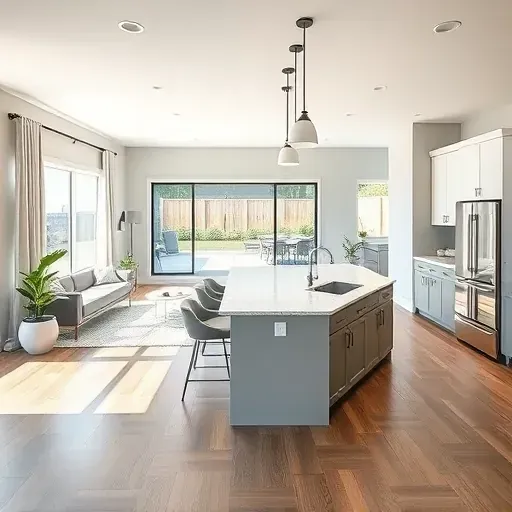 modern open-concept living room in Kaysville UT with natural light, hardwood flooring, stylish kitchen, and lush outdoor view
