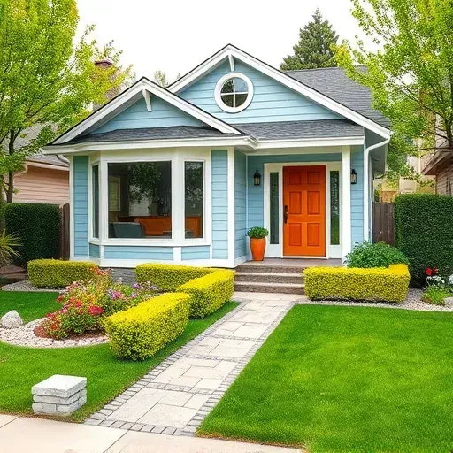 Completed home remodel in Sandy, UT featuring blue siding, white trim, oak door, and vibrant landscaping.