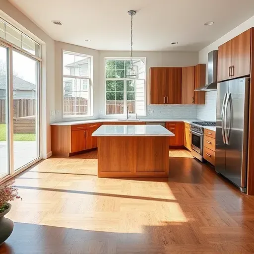 Renovated Harvard-Yale kitchen with warm wood cabinets stainless appliances marble island large windows hardwood floors open-concept outdoor view