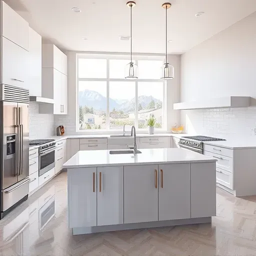 Remodeled Salt Lake City kitchen with sleek matte cabinetry, quartz countertops, stainless steel appliances, and mountain views