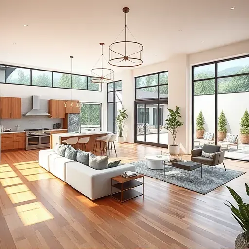 Modern renovated Saratoga Springs living room with hardwood floors, sleek furniture, large windows, and stylish kitchen.