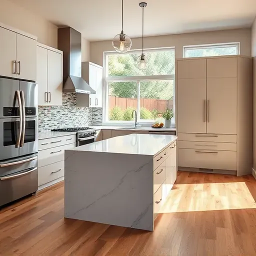 Renovated South Jordan UT kitchen with modern matte cabinetry, quartz island, stainless appliances, colorful backsplash, hardwood floors