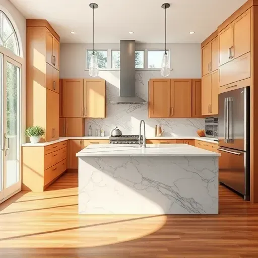 Renovated Yalecrest kitchen with sleek cabinetry, stainless appliances, granite island, hardwood floors, and lush backyard view.