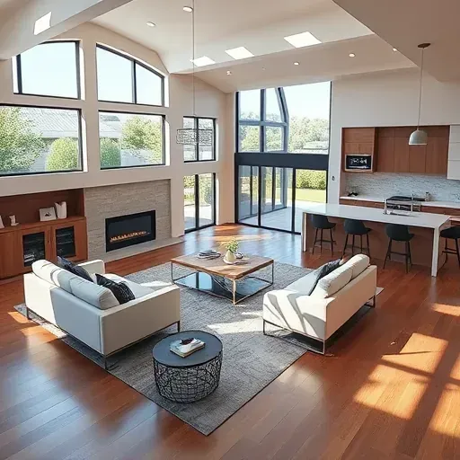 Renovated East Bench, UT living room with hardwood floors, modern furniture, fireplace, large windows, and connected kitchen.