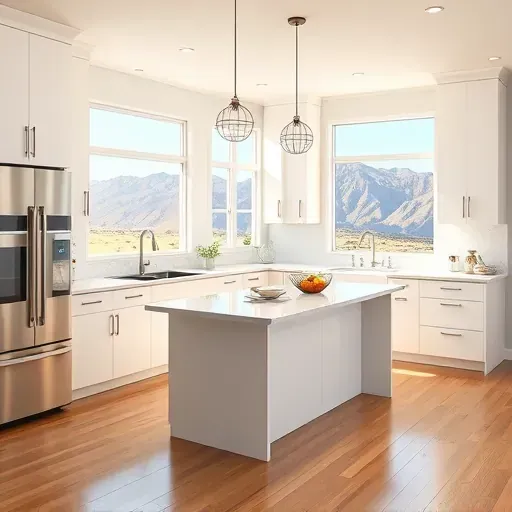 Freshly remodeled kitchen in Millcreek UT featuring modern white cabinetry, stainless steel appliances, and a marble island.