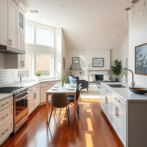 Completed home remodel in West Jordan UT featuring a modern kitchen, cozy living room, and polished hardwood floors.