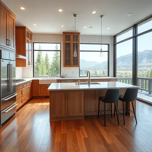 Renovated Emigration Canyon kitchen with quartz countertops stainless steel appliances custom wood cabinets hardwood flooring and mountain views
