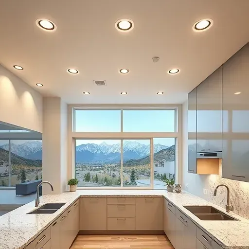 Finished modern kitchen with recessed LED lighting, sleek countertops, neutral cabinetry, and scenic Utah mountain views