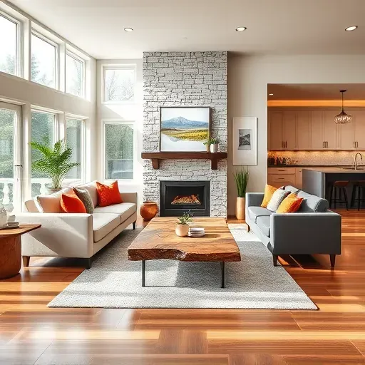 Renovated living room in Alpine, UT features large windows, hardwood floors, modern furniture, and a stone fireplace.