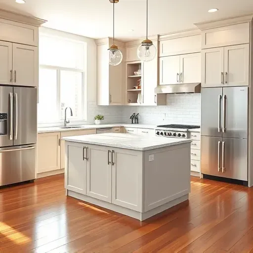 Recently renovated modern Farmington Utah kitchen with sleek matte cabinetry stainless steel appliances marble island subway tile hardwood floors and natural light