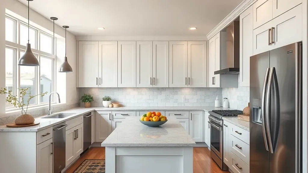 Modern Upper Avenues kitchen featuring white cabinets, granite island, stainless appliances, hardwood floors, and natural light.
