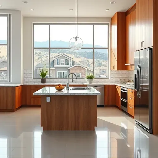 Remodeled Bluffdale Utah modern kitchen with wood cabinets granite countertops stainless steel appliances mountain view