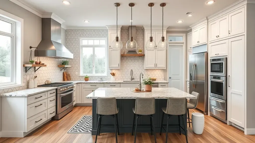 Modern renovated Cottonwood Heights kitchen with granite counters, custom wood cabinets, stainless appliances, mountain views.