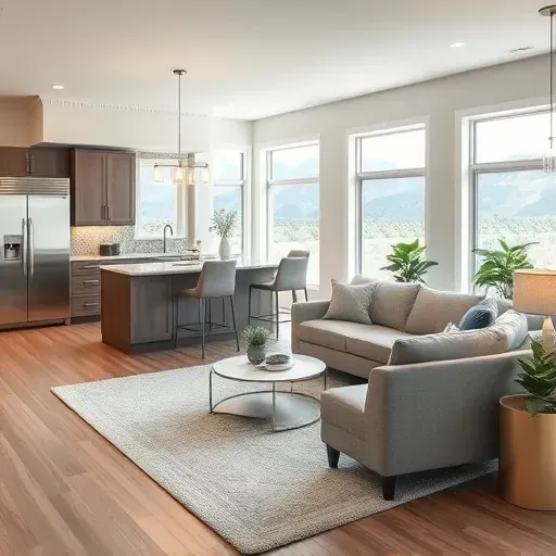 Renovated kitchen and living area in Cottonwood Heights featuring modern appliances, elegant lighting, and natural light.