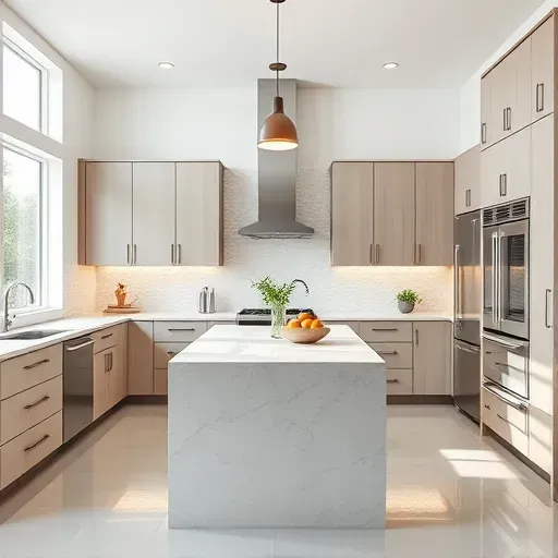 Remodeled Farmington kitchen with modern matte cabinetry, stainless steel appliances, quartz island, lush outdoor view.