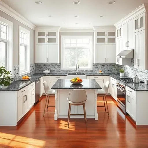Modern kitchen remodel in Murray UT with white cabinets, dark marble, spacious island, and natural light.