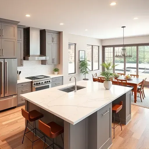 Modern kitchen remodel in Highland UT features gray cabinetry, white marble countertops, and stainless steel appliances.