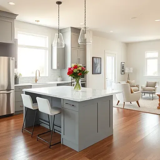 Modern kitchen remodel in Lehi UT with marble countertops, stainless steel appliances, and warm wood floors.