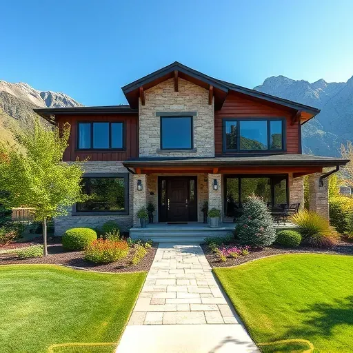 Modern home remodeling in East Millcreek UT, featuring natural stone, wood finishes, and lush landscaping.