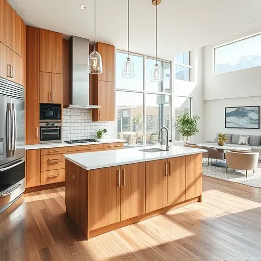Recently remodeled kitchen in East Bench Utah with sleek wood cabinets, quartz countertops, stainless appliances, marble island, subway tile backsplash, hardwood flooring, and modern decor